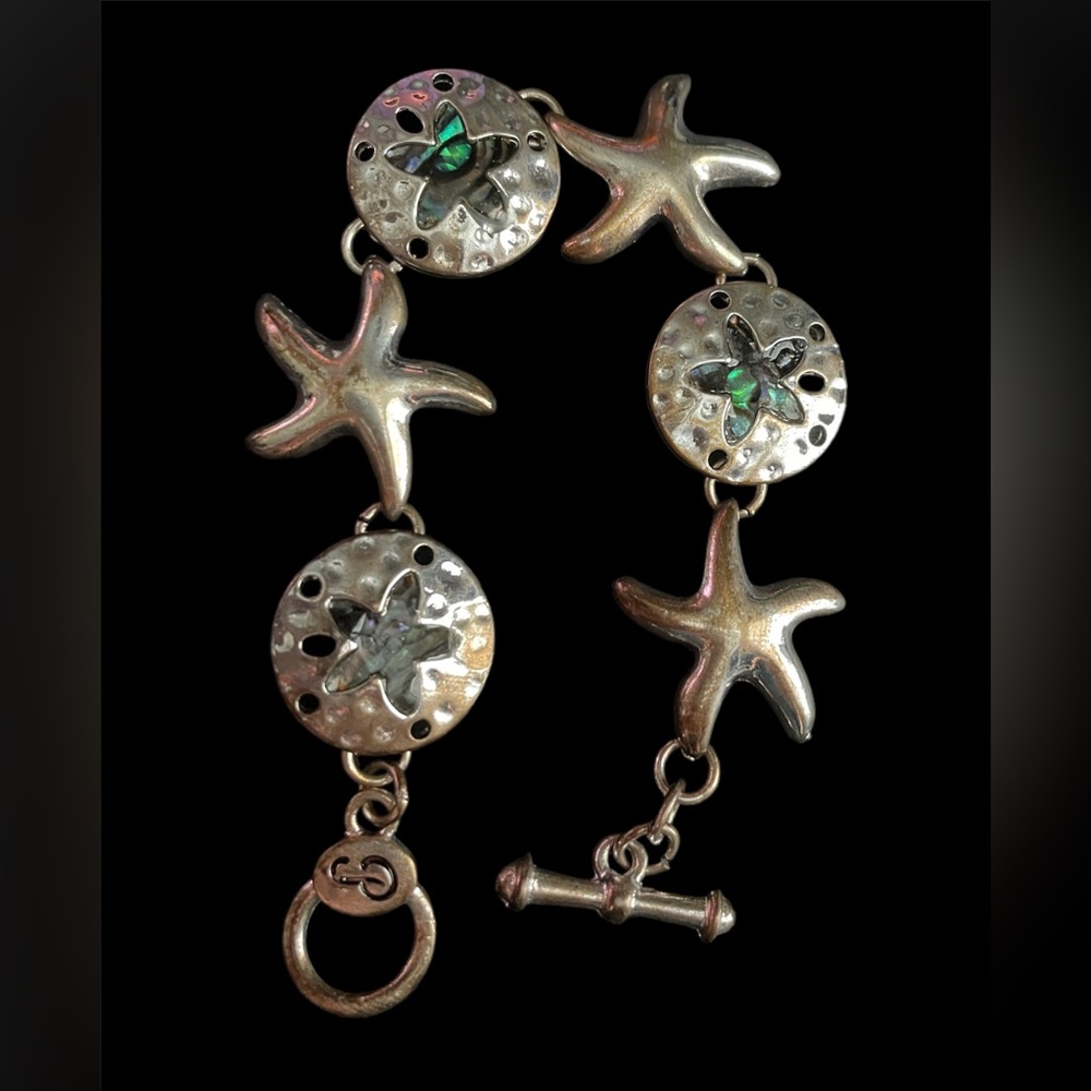 Silver Nautical Ocean Beach Abalone Shell Sand Dollar & Starfish Charm Bracelet